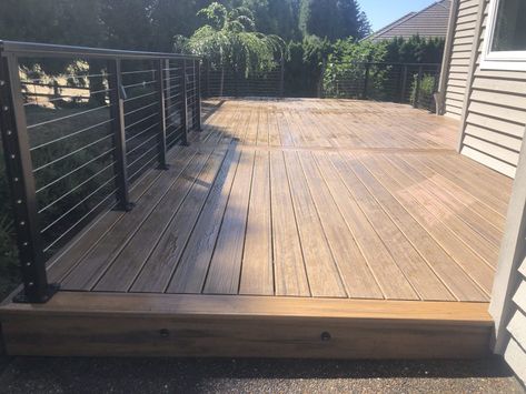 Trex Havana Gold deck with cable rail | Deck Masters, LLC Trex Havana Gold Deck, Wooden Deck Designs, Trek Deck, Trex Transcend, Deck Pictures, Hardwood Decking, Patio Deck Designs, Trex Deck, Deck Designs