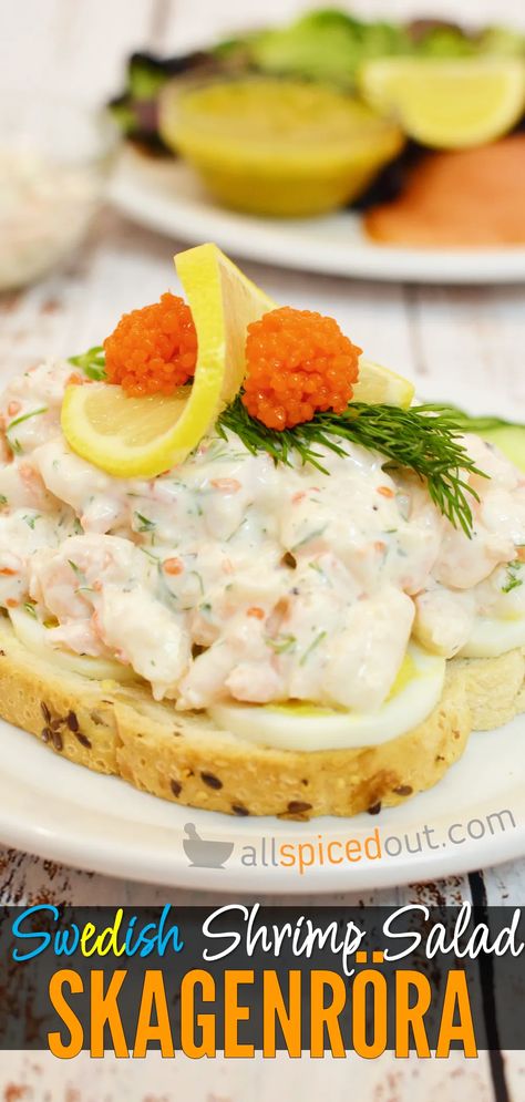 Swedish Shrimp Salad (Skagenröra) Seafood Sandwich, Open Faced Sandwiches, Sandwiches Appetizers, Seafood Sandwiches, Fish Roe, Shrimp Toast, Shrimp Sandwich, Open Faced Sandwich, Doner Kebab