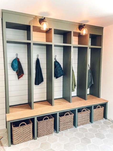 Modern Farmhouse Mudroom Storage, Hall Tree Laundry Room, Entryway With Cubbies, Entry Hall Mudroom, Laundry Room Hall Tree, Built In Tree Hall, Cubbies By Front Door, Hall Tree Locker, Hall Tree Storage