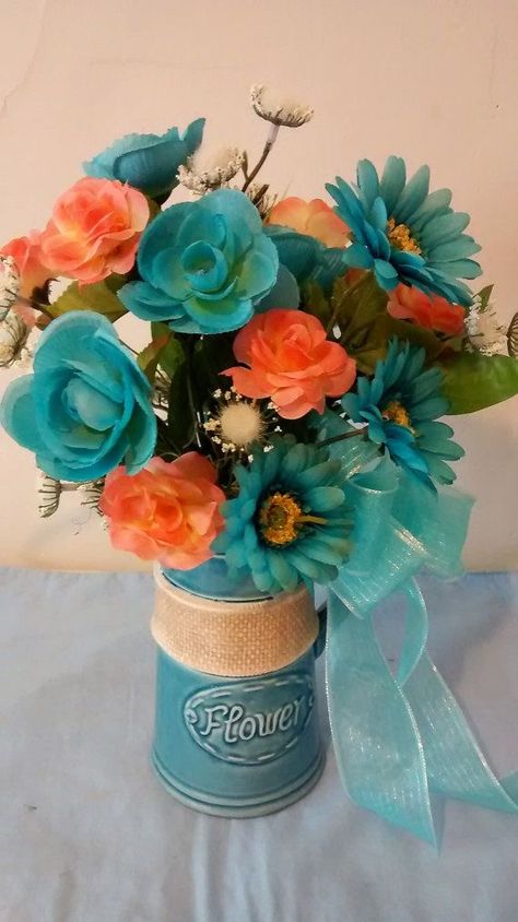 Floral Arrangements Diy Centerpieces, Turquoise Coral Weddings, Coral Wedding Decorations, Turquoise Vase, Spring Floral Arrangements, Church Decorations, Snowman Christmas Decorations, Home Floral Arrangements, Diy Arrangements