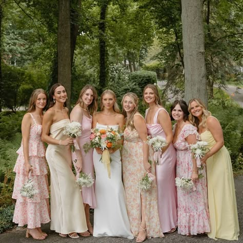 All Posts • Instagram Floral Color Palette, Bridesmaid Photoshoot, Floral Bridesmaid Dresses, Mismatched Bridesmaid Dresses, Yellow Bridesmaids, Spring Wedding Colors, Pink Bridesmaid Dresses, Dream Wedding Ideas Dresses, Future Wedding Plans