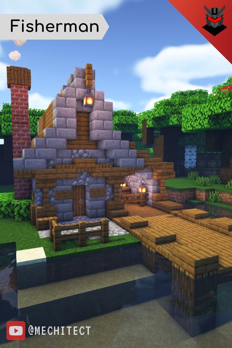 Minecraft Village Fishing Hut, Fisherman’s House Minecraft, Minecraft Boathouse Ideas, Minecraft Villager Fisherman House, Fisher Man House Minecraft, Jagged Peaks House Minecraft, Fisherman House Minecraft Ideas, Medieval Fisherman House, Minecraft Medieval Fisherman House