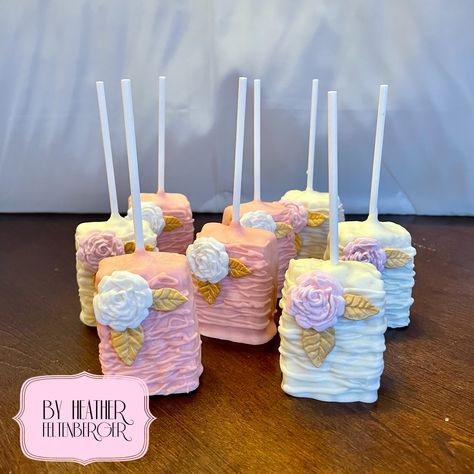 Pink, white, and gold floral chocolate covered rice cereal treats Wedding Rice Crispy Treats, Chocolate Covered Rice Crispy Treats, Cake Puck, Elegant Cake Pops, Cake Pucks, Wedding Rice, Candy Business, Custom Treats, Rice Krispie Squares