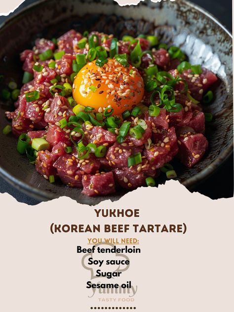 🍽️ Experience a taste of Korea with Yukhoe (Korean Beef Tartare)! Fresh, flavorful, and truly unique! 🥩✨ #KoreanCuisine #ExoticFlavors Yukhoe (Korean Beef Tartare) Ingredients: Beef tenderloin (200g, finely chopped) Soy sauce (1 tbsp) Sugar (1 tsp) Sesame oil (1 tsp) Garlic (1 clove, minced) Pear (1/2, thinly sliced) Pine nuts (1 tbsp) Sesame seeds (1 tsp) Egg yolk (1) Green onions (for garnish) Instructions: Mix beef with soy sauce, sugar, sesame oil, and garlic. Arrange on a plate with ... Beef Tartare, Korean Beef, Beef Tenderloin, Pine Nuts, Egg Yolk, Sesame Oil, Sesame Seeds, Green Onions, Soy Sauce