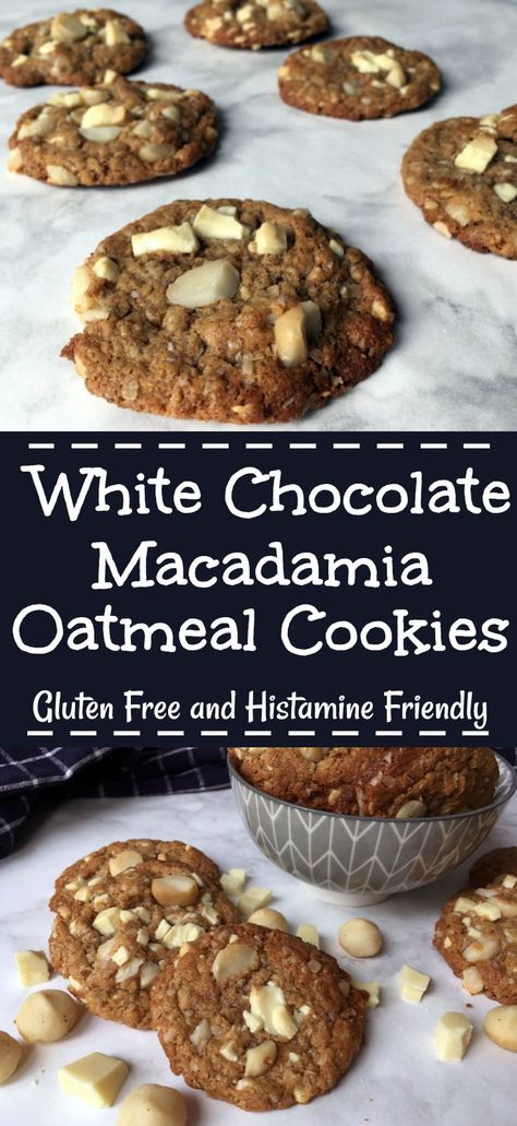 White Chocolate Macadamia Oatmeal Cookies - The Histamine Friendly Kitchen Basic Cookie Recipe, Macadamia Nut Butter, Gluten Free Oatmeal Cookies, Low Histamine Foods, White Chocolate Macadamia Nut Cookies, Macadamia Nut Cookies, Low Histamine Diet, Low Histamine, White Chocolate Macadamia