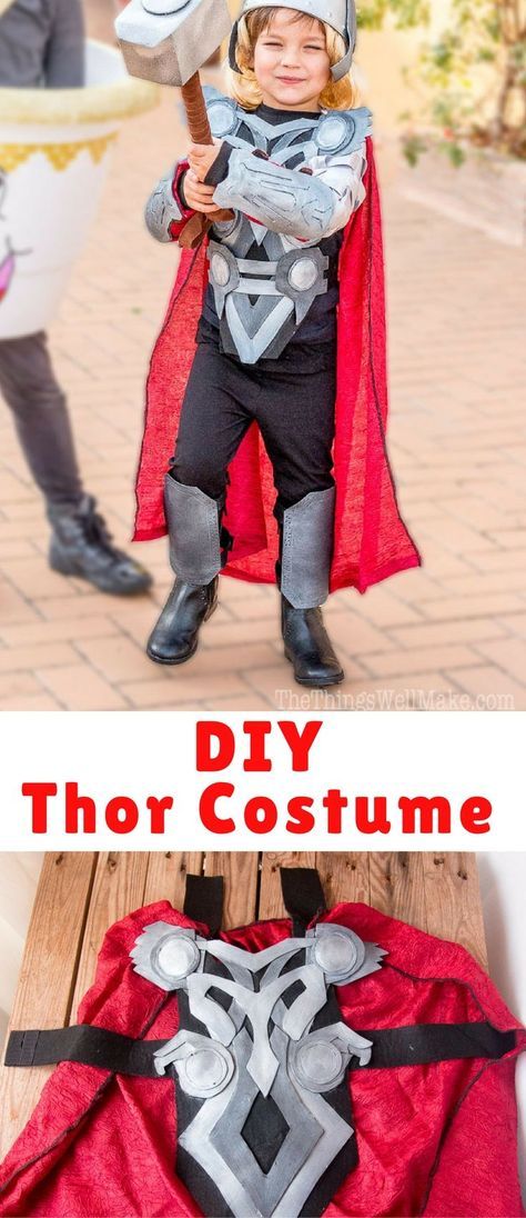 WITH A BIT OF HOT GLUE, CRAFT FOAM, FELT, AND PAINT, YOU CAN WHIP OUT THIS FUN DIY THOR COSTUME COMPLETE WITH A HOMEMADE HAMMER, VAMBRACES, AND HELMET. Diy Thor Hammer, Thor Diy Costume, Diy Thor Costume, Kids Thor Costume, Thor Halloween Costume, Marvel Halloween Costumes, Costume Concepts, Thor Costume, Cosplay Kids