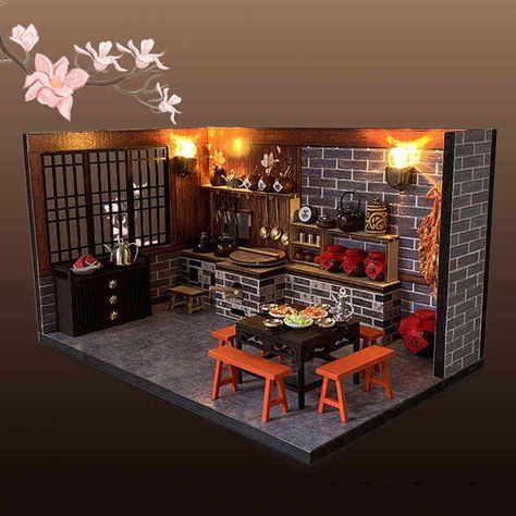 DIY Wooden Miniature Chinese Kitchen Room Doll House Kits Casa Furniture Villa Dollhouse Assembled Toys For Adults Xmas Gifts AA220325 From Baofu004, $19.66 | DHgate.Com Doll House Kit, House Kits, Chinese Kitchen, Diy Crafts For Adults, Sushi Restaurant, Wooden Buildings, Dollhouse Kits, Miniature Diy, Lighting Design Interior