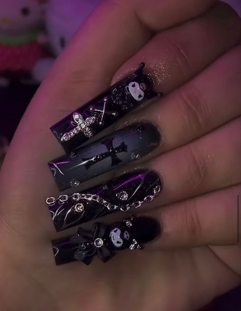 Gothic Nails With Charms, Cute Nails Acrylic Coffin, Cute Nails Acrylic, Glittery Acrylic Nails, Emo Nails, Nails Acrylic Coffin, Halloween Acrylic Nails, Black Acrylic Nails, Acrylic Nail Set