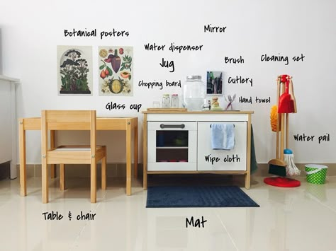 Monestorri Kitchen, Montessori Dining Area, Montessori Kitchen Setup, Montessori Food Station, Montessori Small Bedroom, Montesorri Home Daycare, Home Daycare Inspiration, Montessori Eating Area, Montessori Home Daycare Set Up