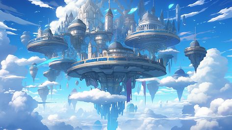 Fantasy World Wallpaper Desktop, Sky City Fantasy Art, Sky Castle, Fantasy Background, Fantasy Theme, Anime Backgrounds Wallpapers, Fantasy City, Fantasy Castle, Fantasy Setting