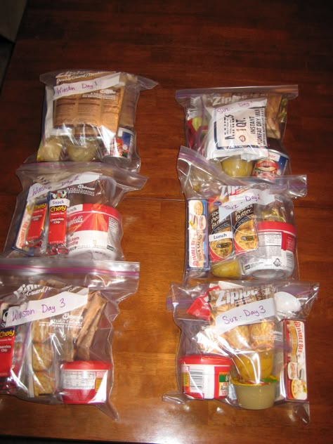 "72 hour kits. This shows 3 days of food for two people."  (I like how they're labeled so he doesn't sneak any of her food.) Food For Two People, Food Preparedness, Food For Two, Meal Kits Diy, 72 Hour Emergency Kit, Emergency Preparedness Food Storage, Food Kit, Emergency Preparedness Food, Emergency Prepardness