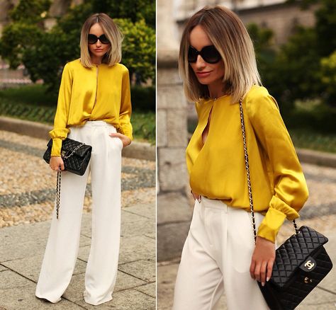 Mustard Blouse Outfit, Yellow Blouse Outfit, Blouse Outfit Work, Yellow Top Outfit, Yellow Pants Outfit, Mustard Blouse, Mustard Yellow Blouse, Pants Outfit Work, White Pants Outfit