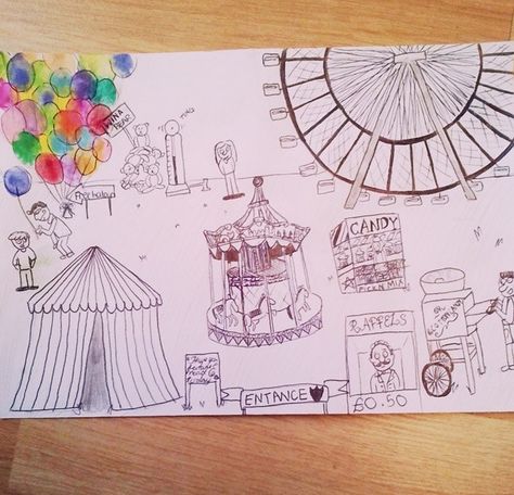 Fun fair drawing Visit To The Fun Fair Drawing, Carnival Drawing Easy, Fun Fair Drawing, Fair Drawings, Carnival Drawing, Ride Drawing, Fun Drawings, Win Art, Fair Rides