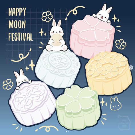 snow skin mooncakes with bunnies on them Mooncake Drawing, Kawaii Food Wallpaper, Mooncake Poster, Moon Cake Festival, Chinese New Year Art, Kawaii Moon, Candy Illustration, Chinese Cake, Cake Festival