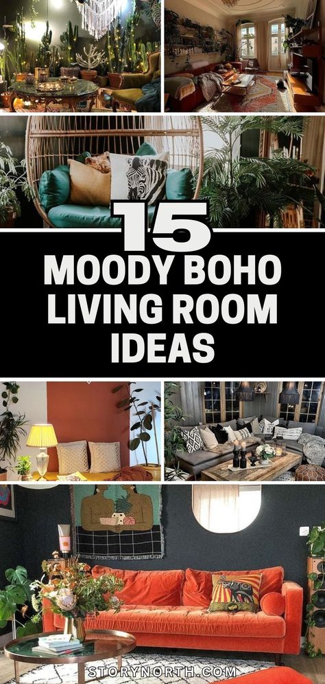 Save this pin for some moody boho living room inspiration and transform your space into a cozy and dramatic haven! #BohoDecor #HomeDecorIdeas #LivingRoomInspo Boho Leather Sofa Living Room, Cozy Boho Basement, Moody Maximalist Decor Living Room, Dark Academia Boho Living Room, Boho Witchy Living Room, Forest Living Room Aesthetic, Luxury Boho Living Room, Bohemian Interior Design Living Rooms, Boho Luxe Living Room