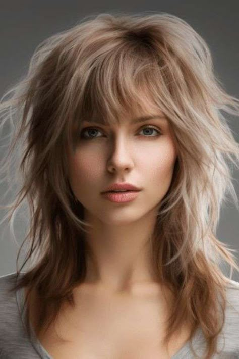 Shag Haircuts For Round Faces, Rockstar Hairstyles For Women, Shag Hairstyles Medium, Choppy Shag Hairstyles Medium, 2023 Haircuts, Long Choppy Hair, Blonde Hair Topper, Medium Shag Hairstyles, Shag Cut