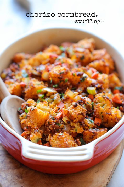 Chorizo Cornbread Stuffing - An easy, no-fuss, make-ahead crumbly stuffing with a kick of heat that the whole family will go crazy for! Chorizo Cornbread, Cornbread Stuffing, Thanksgiving Stuffing, Stuffing Recipes, Goulash, Thanksgiving Menu, Thanksgiving Side Dishes, Fajitas, Thanksgiving Dinner