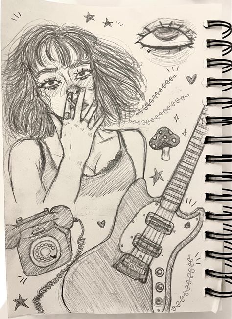 guitar rock girl aesthetic drawing idk Rock Aesthetic Drawing, Rock Music Drawings Ideas, Guitar Sketch Aesthetic, Cursed Illustration, Rock Guitar Drawing, Guitar Girl Drawing, Girl With Guitar Art, Girl Playing Guitar Drawing, Guitar Drawing Sketches