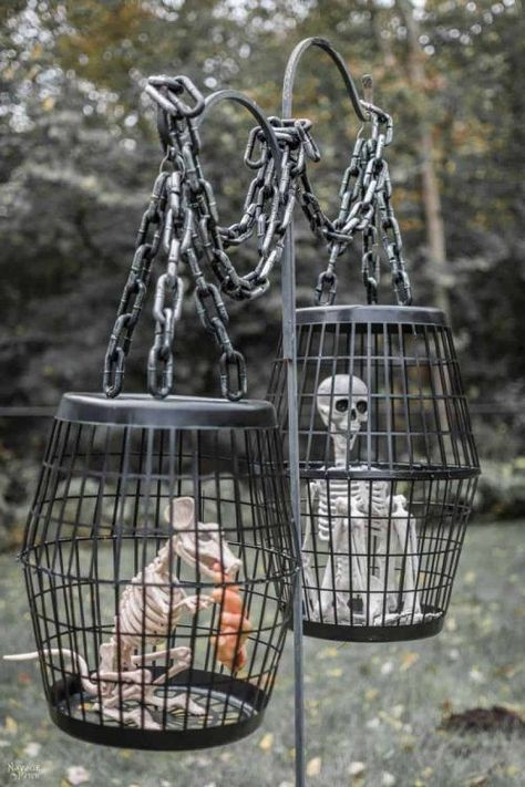 Using Dollar Tree Laundry Baskets and Dollar Tree Skeletons, make this Hanging Cage Halloween prop. On a budget, looking for inexpensive Halloween Decor? Look no more. We have some of the the best Dollar Tree Halloween Crafts and DIY Halloween Home Decor Ideas. Make your house look great for the cost of a dollar! #dollartree #dollartreeideas #dollartreedecor #dollarstore #dollarstoreideas #halloween #halloweendecor #dollartreefalldecor #dollartreehalloween #dollarstorehalloween Fun Diy Halloween Decorations, Dollar Store Halloween Decorations, Halloween Diy Outdoor, Easy Diy Halloween Decorations, Dollar Tree Halloween, Halloween Props Diy, Casa Halloween, Dollar Store Halloween, Diy Halloween Decor