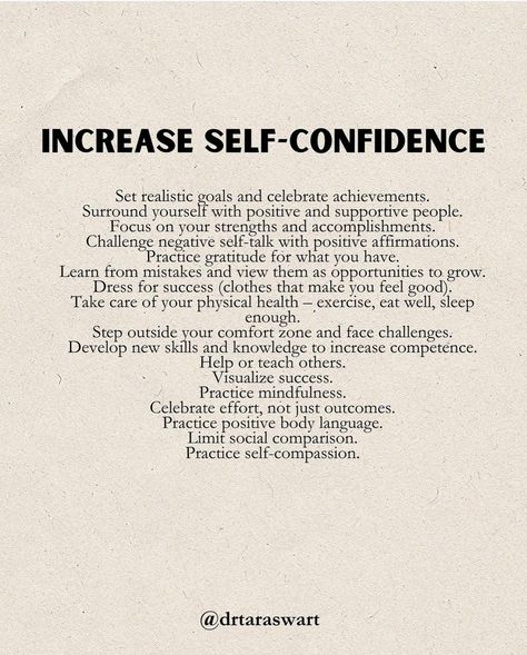 Boosting self-confidence involves setting small, achievable goals to build momentum with successes. Prioritize self-care through exercise, healthy eating, and sufficient rest. Challenge negative thoughts and replace them with positive affirmations. Learning new skills can increase your competence, which in turn builds confidence. Surround yourself with positive people, and regularly celebrate your achievements to recognize your progress. #selfconfidence #boostselfconfidence #setgoals #smallsu... Increasing Self Confidence, Boosting Self Esteem, Rebuild Self Esteem, Self Commitment, 2025 Mindset, Self Confidence Building, Challenge Negative Thoughts, Surround Yourself With Positive People, Finding Confidence