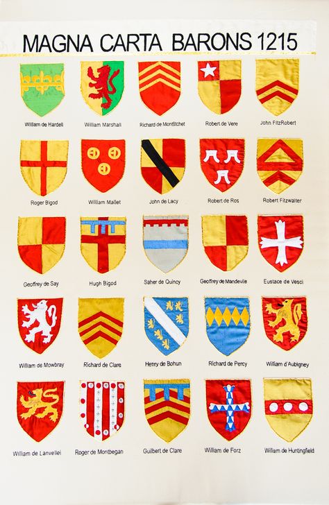 Barrons of the Magna Carta Heraldry Symbols, Heraldry Design, Medieval Shields, Magna Carta, King John, Wars Of The Roses, Medieval World, English History, Family Genealogy