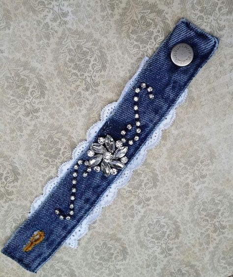 Denim Lace With Rhinestones Cuff Bracelet, Upcycled A01 Denim Cuff Bracelet, Denim Bracelet, Upcycled Jeans, Blue Jeans Crafts, Fabric Bracelets, Denim Jewelry, Recycle Jeans, Upcycle Jeans, Denim Crafts