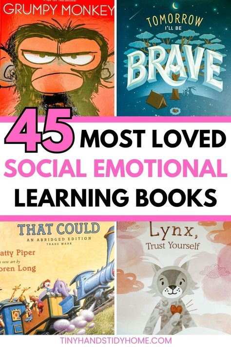 Collage of various social emotional learning books. The text over the image reads, "45 most loved social emotional learning books". Sel Books For Elementary, Social Emotional Learning Classroom, Sel Read Alouds, Learning Books For Kids, Sel Books, Social Emotional Learning Games, Counselor Keri, Social Emotional Curriculum, Teaching Emotions