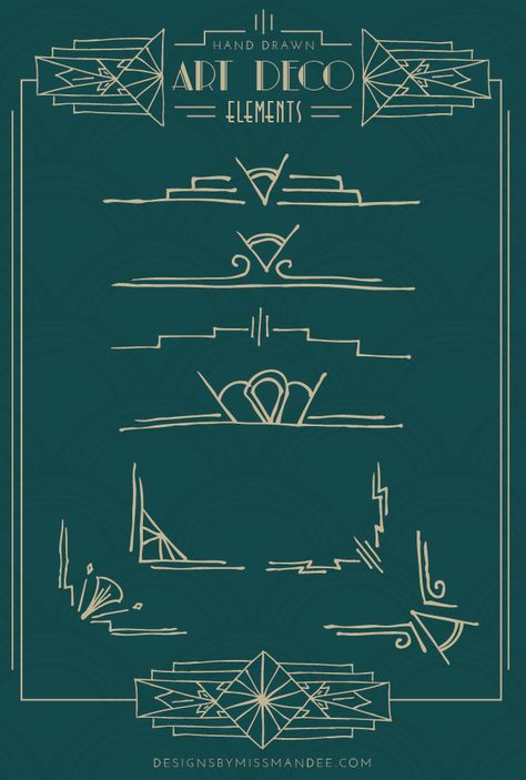 Hand Drawn Art Deco Elements | Designs By Miss Mandee. Free design elements. Great for Christmas card designs, printables, logos, anything you can imagine really! Design Museum London, Arte Art Deco, Elements Art, Free Design Elements, Art Deco Elements, Motif Art Deco, Art Deco Inspiration, Lines And Shapes, Art Deco Poster