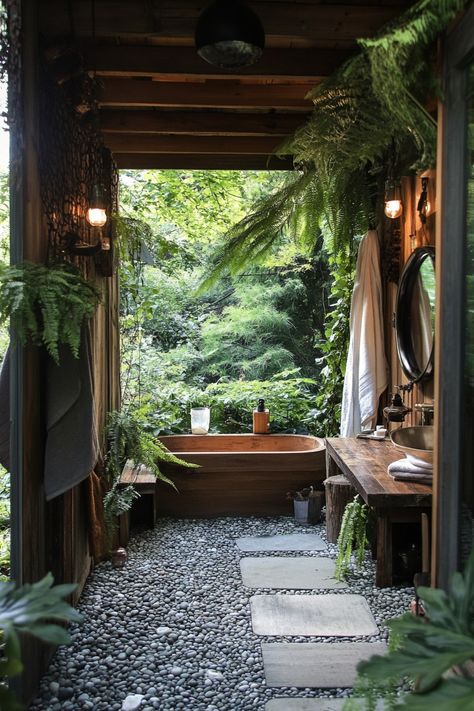 55 Forest Bathhouse Inspirations - TastyInteriors Outside Tub Ideas, Outdoor Shower And Sauna, Green House Bathroom, Backyard Bathhouse, Outside Bathroom Ideas Backyards, Bathroom Nature Theme, Bathhouse Aesthetic, Luxury Outhouse, Nature Home Aesthetic