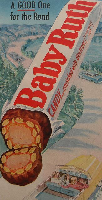 1940s BABY RUTH Candy Bar Vintage Illustration Advertisement by Christian Montone, via Flickr Chocolate Ads, Magazine Writing, Baby Ruth Bars, Vintage Food Labels, Candy Poster, Baby Ruth, Nostalgic Candy, Candy Companies, Retro Candy