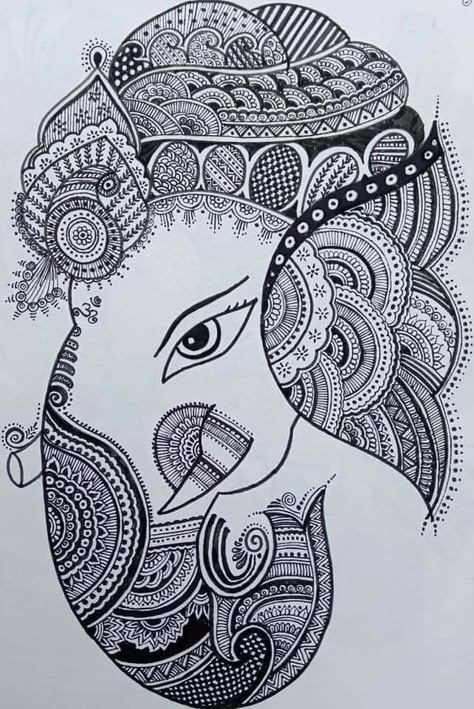 Ganesha Art Sketch Mandala, Ganeshji Mandala Art, Ganesha Art Drawing, Ganeshji Drawing, Ganesh Mandala Art, Ganpati Mandala, Ganesh Art Paintings, Easy Mandala Drawing, Butterfly Art Painting