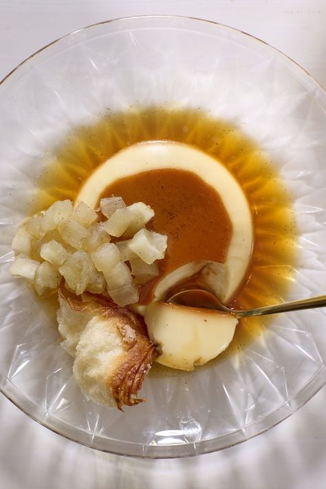 Crème caramel on a glass plate with apples and kouign amann croutons. Date Night Dinner, Caramelised Apples, Kouign Amann, Date Night Dinners, Diced Apples, Creme Caramel, Caramel Recipes, Classic Desserts, Whole Eggs