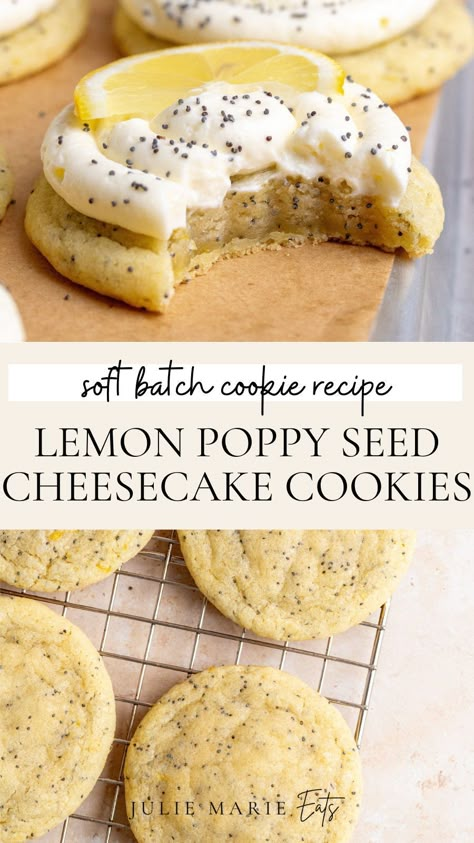 When it comes to the perfect soft batch cookie recipe, these Lemon poppy seed cookies make a delicious Easter dessert. With cheesecake frosting and a soft chewy inside, make these lemon cookies all spring and summer long. Follow for more homemade cookie recipes. Lemon Poppyseed Cheesecake Cookies, Lemon Frosted Cookies, Frosted Lemon Cookies, April Desserts, Spring Cookies Recipes, Spring Cookie Recipes, Lemon Cheesecake Cookies, Poppy Seed Dessert, Lemon Poppyseed Cookies