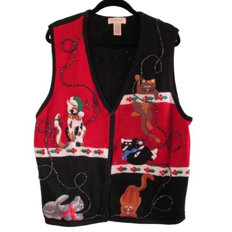 Discover the purr-fect holiday finds at What The Kat Dragged In 🐱✨ From vintage Christmas sweaters to festive dog apparel, we've got your seasonal style covered! #ChristmasFashion #VintageFinds #HolidayPets #UglySweater #ShopNow Embroidered Cats, Ugly Christmas Sweater Cat, Sweater Vest Vintage, Vintage Sweater Vest, Ugly Christmas Sweater Vest, Embroidered Cat, Christmas Vest, Vintage Christmas Sweaters, Christmas Sweater Vest