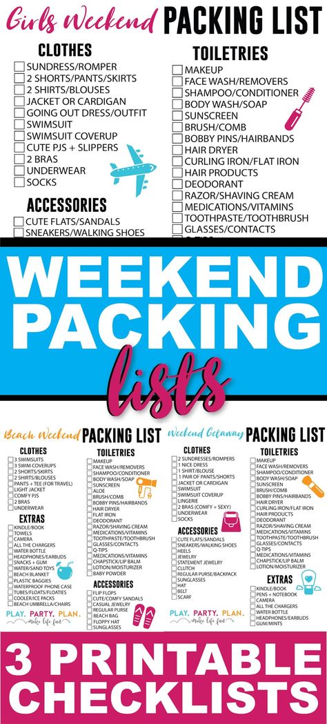 What To Pack For A Weekend Trip Summer, Weekend Getaway Packing List Summer, 3 Day City Trip Packing, Packing List For Bachelorette Weekend, Weekend Packing List Spring, Girls Weekend Packing List, 3 Day Weekend Packing List, Beach Weekend Packing List, Pack For A Weekend Trip