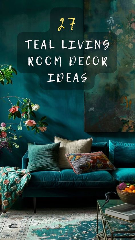 Thinking about a fresh look? Click to discover stunning teal accents for your living room. From teal throw pillows to wall art, find out how to make your space pop with color! 🌈🛋️ #TealAccents #LivingRoomDecor #ColorPop #HomeRefresh #StunningInteriors Teal Settee Living Rooms, Teal And Wood Living Room, Teal Wall Colors Living Room, Peacock Inspired Living Room, Teal Wall Living Room, Teal Lounge Ideas, Teal Velvet Sofa Living Room, Teal Curtains Living Room Ideas, Teal Color Palette Living Room