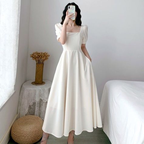 White Dress Aesthetic Korean, Korean White Dress Outfit, Korean Simple Dress, Simple White Dress Classy, Korean White Dress, Womens Trendy Dresses, Tea Length Wedding Dress, Korean Fashion Dress, Fairytale Dress