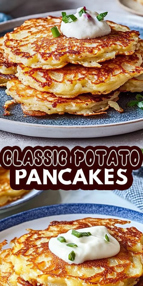 🥔✨ Dive into comfort food with these Classic Potato Pancakes! Crispy on the outside and tender on the inside, these golden delights are perfect for breakfast, brunch, or as a savory side dish. Made with simple ingredients like grated potatoes, onions, and eggs, they’re a delicious way to enjoy this beloved staple. 👉 Ready to whip up these mouthwatering potato pancakes? Click for the full recipe and tips for the best results! #PotatoPancakes #Latkes #ComfortFood #EasyRecipes #SavoryDishes Dinner Ideas For 2 People, Baked Potato Pancakes, Pancakes Crispy, Pancakes Recipe Easy, Potato Pancakes Easy, Egg Recipes For Kids, Potato Pancakes Recipe, Mashed Potato Pancakes, Potato Breakfast Recipes