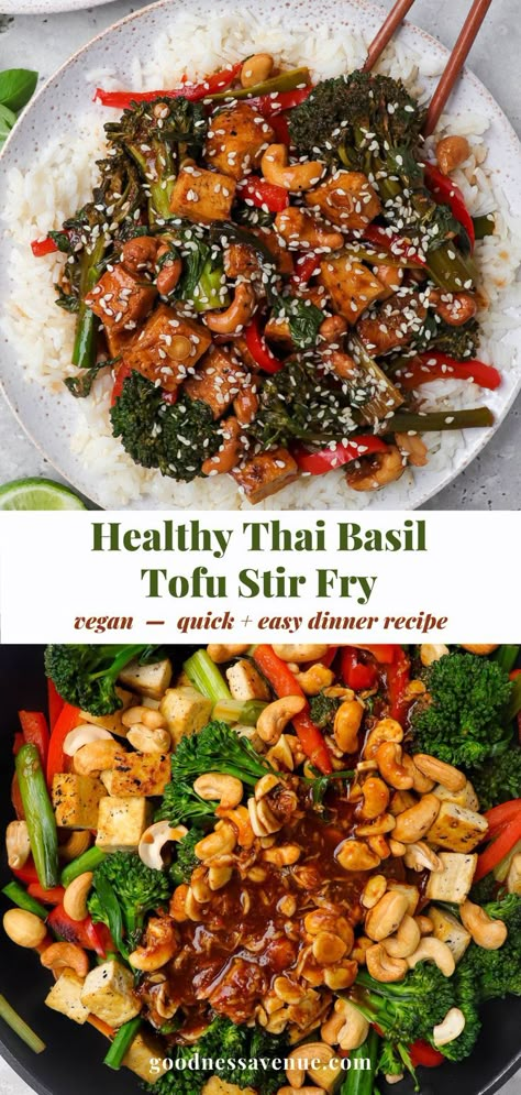 Thai basil tofu stir fry on plate. Thai Basil Tofu, Basil Tofu, Vegetarian Stir Fry, Healthy Stir Fry, Tofu Stir Fry, Basil Recipes, Healthy Weeknight Dinners, Thai Basil, Crispy Tofu