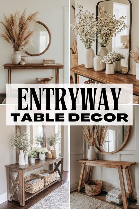 Discover 25 gorgeous entryway table decor ideas that blend modern farmhouse style with beautiful mirrors. This article not only showcases inspiring designs but also offers tips on how to arrange your decor for a perfectly styled look. Learn how to balance height, layer textures, and add personal touches to create an inviting and stylish entrance. Table Under Picture Decor, Entryway Table Decor Modern Farmhouse, Entry Table Farmhouse Decor, Enterway Table Ideas, How To Style Foyer Table Entryway, Baskets For Entryway Table, Modern Entryway Table Wood, Entryway Table Farmhouse Decor, Foyer Table Decor Entryway Modern