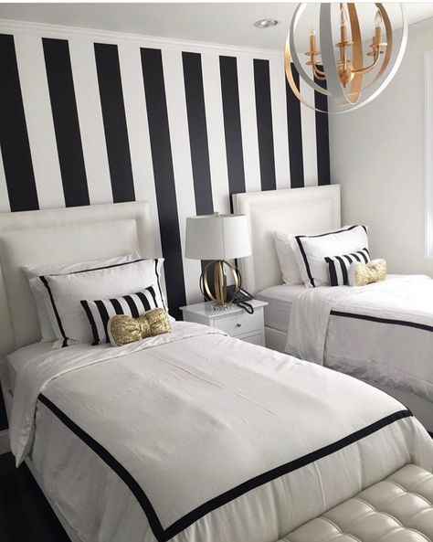 White Gold Bedroom Ideas, Black White Gold Bedroom, White And Gold Bedroom, Black White And Gold Bedroom, White Gold Bedroom, Gold Bedroom Ideas, Striped Accent Wall, Black Gold Bedroom, Bedroom Ideas Black