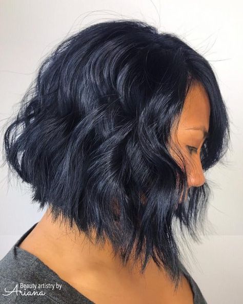 19 Most Amazing Blue Black Hair Color Looks of 2019 Short Blue Black Hair, Blue Black Hair Color Short, Black Blue Hair Color, Smoky Blue Hair, Light Black Hair, Blue And Black Hair, Blue Black Hair Dye, Curl Cut, Box Hair Dye