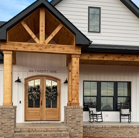 Heather Bright (@heather_bright629) posted on Instagram: “Moving in, Christmas and all the things are happening. I can’t wait for the moment to enjoy this front porch with @leebright143 ❤️.…” • Dec 20, 2020 at 9:32pm UTC Porch Roof Design, Farmhouse Letters, Building With Wood, Outside House Colors, Cabin Farmhouse, Porch Remodel, Cabin Tiny House, Entry Ideas, Exterior House Paint Color Combinations