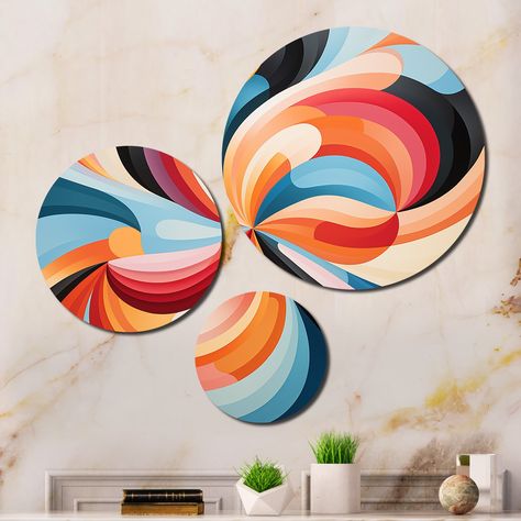 Bring Contemporary Abstraction to your home with this circle metal wall art set of 3 Piece . This "Opt Art Chromatic Elixir VII" Metal Artwork makes it the focal point of any room or office. Canvas Painting Set Of 3, Opt Art, Terracotta Jewellery Designs, Inspiring Artwork, Circle Canvas, Terracotta Jewellery, Circle Metal Wall Art, Round Wall Art, Accent Wall Decor