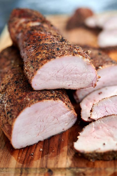 Smoked Pork Tenderloin, tender and juicy, first dry-brined overnight, then smoked low and slow. Smoked Tenderloin, Smoked Pork Tenderloin Recipes, Meat Curing, Ninja Grill, Smoked Pork Tenderloin, Smoker Ideas, Pork Tenderloins, Smoked Recipes, Smoked Pork Loin