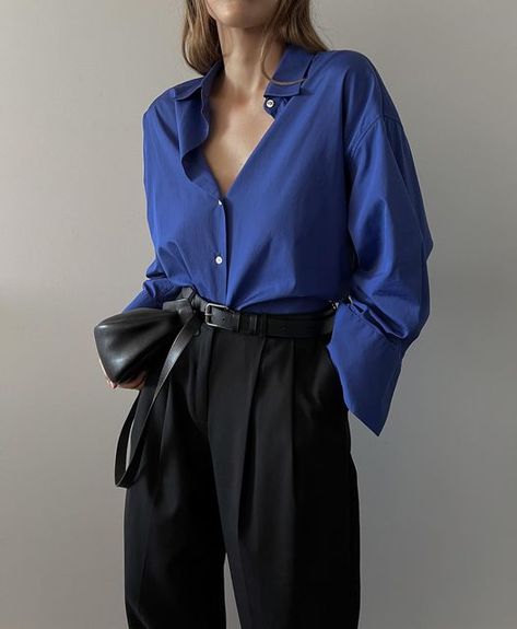 How To Style Dark Blue Shirt, Cobalt Blue Blouse Outfit, How To Style Blue Shirt, Bright Blue Clothes, Sapphire Blue Outfit, Bright Blue Shirt Outfit, Dark Blue Button Up Shirt Outfit, Modern Fitted Blue Shirt, Dark Blue Blouse Outfit