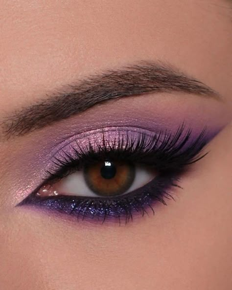 Makeup Looks For Purple Outfit, Purple Glam Eyeshadow Looks, Glam Makeup For Purple Dress, Sweet 16 Makeup Ideas Purple, Purple Cheer Makeup, Purple Gown Makeup Look, Eye Shadow Color Combinations, Purple Wedding Makeup For Brown Eyes, Ballroom Eye Makeup