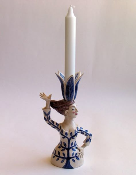 'Woman Candlestick' by Helen Kemp. Functional Ceramic sculpture, handcrafted and handpainted. £215  info@whitehousegallery.com  01557 330223 Ceramic Tree Topper, Museum Ceramics, Pottery Candlesticks, Functional Sculpture, Pottery Candle, Keramik Design, Ceramic Candle Holders, Diy Pottery, Pottery Classes