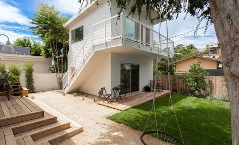 Backyard Tiny Guest House, 2 Story Shed, Tiny Guest House, Two Story Garage, 2 Story Garage, Backyard Guest Houses, Coved Ceiling, Garage Guest House, Converted Garage