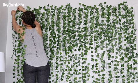 DIY Faux Vine Wall - Faux Vine Decor | Hey Chrishinda How To Stick Vines On Wall, Diy Vine Wall Bedroom, How To Hang Vines From Ceiling, Vines In Living Room, Leaf Wall Backdrop, Fake Vine Wall, How To Style Fake Vines, Ivy Corner Wall, How To Hang Ivy In Bedroom